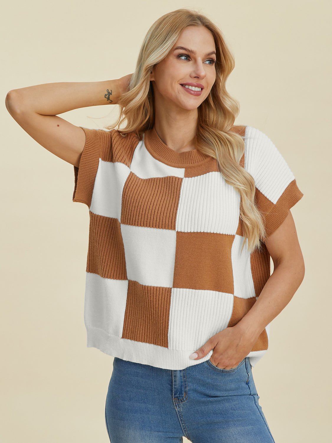 Double Take Full Size Checkered Round Neck Short Sleeve Sweater - Loulou Boutique