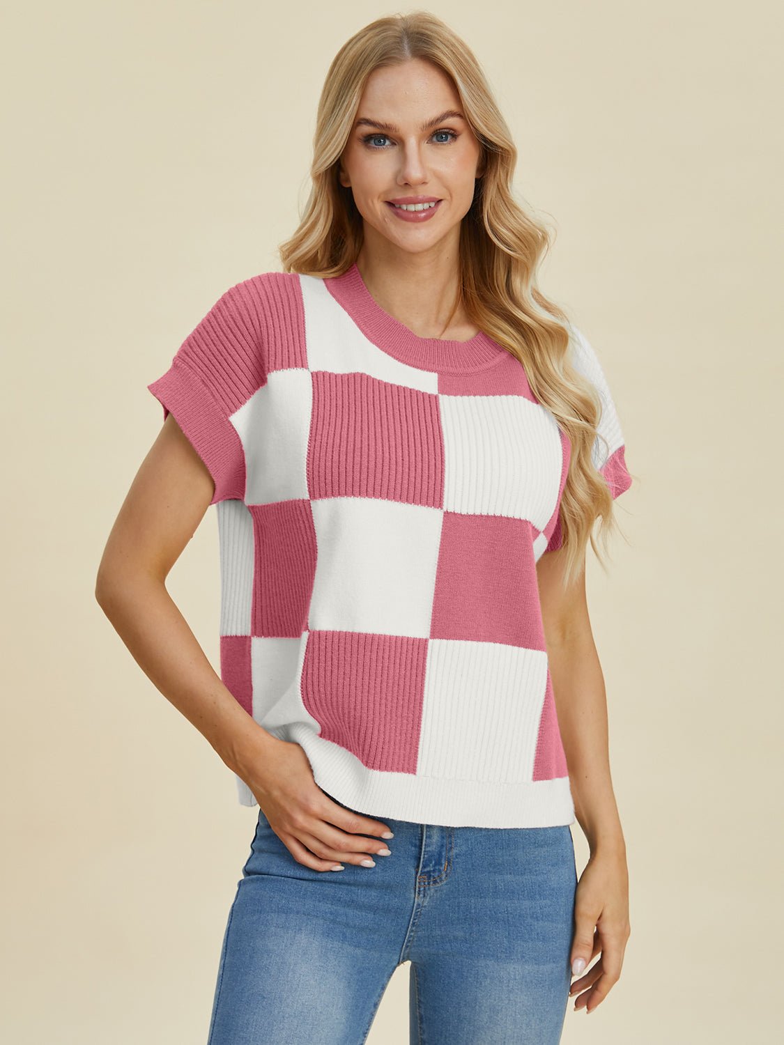 Double Take Full Size Checkered Round Neck Short Sleeve Sweater - Loulou Boutique