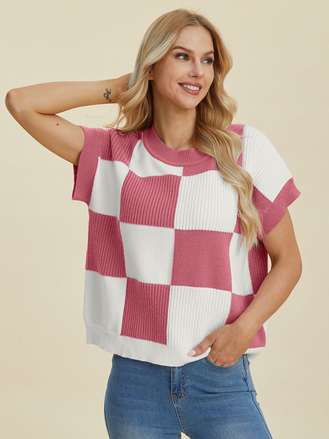 Double Take Full Size Checkered Round Neck Short Sleeve Sweater - Loulou Boutique
