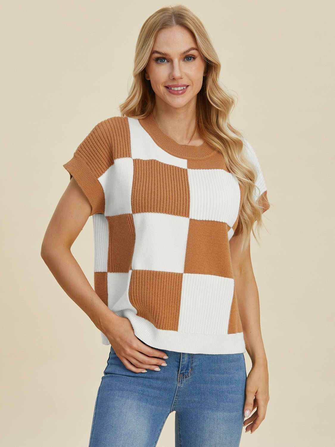 Double Take Full Size Checkered Round Neck Short Sleeve Sweater - Loulou Boutique