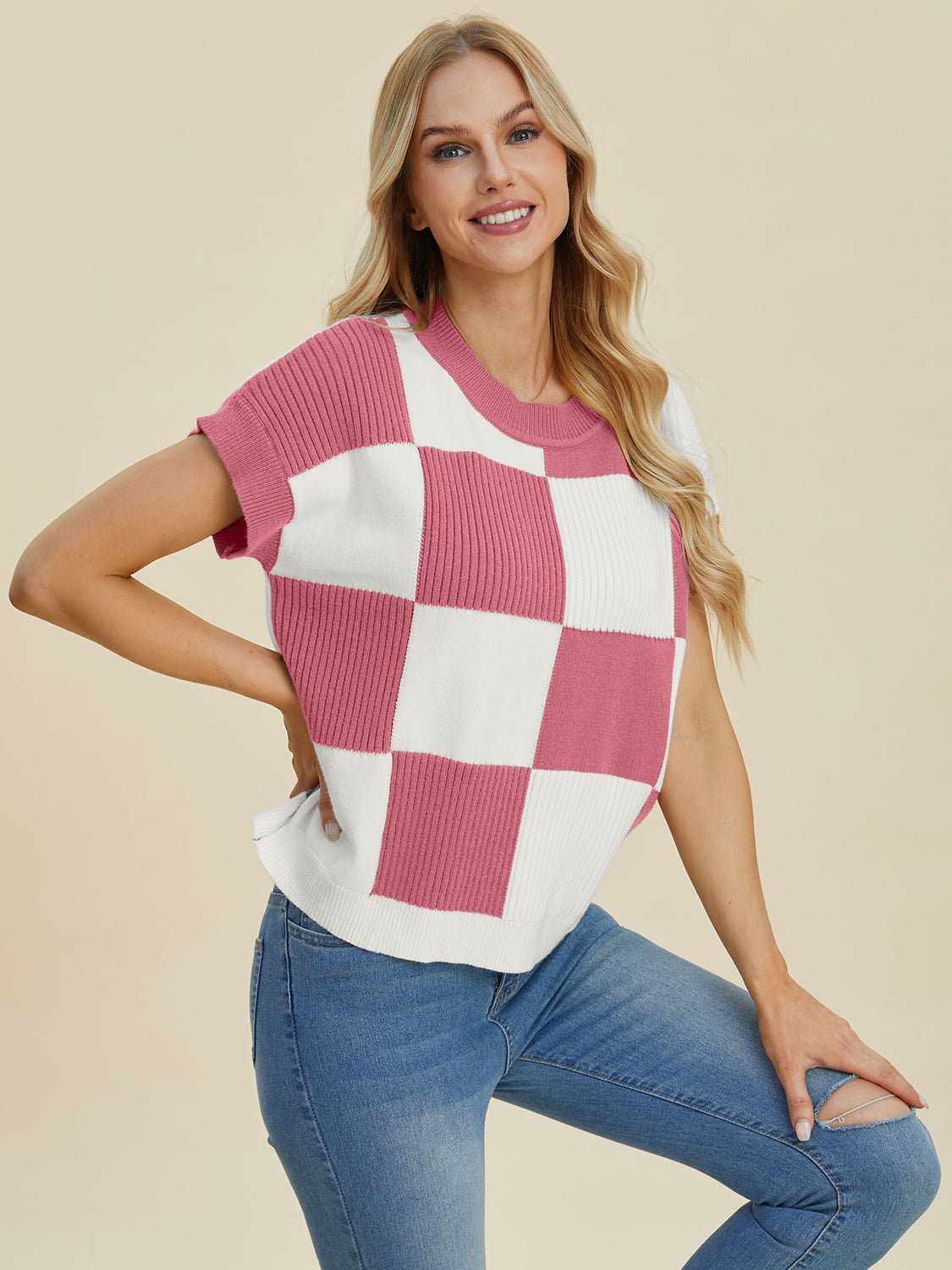 Double Take Full Size Checkered Round Neck Short Sleeve Sweater - Loulou Boutique