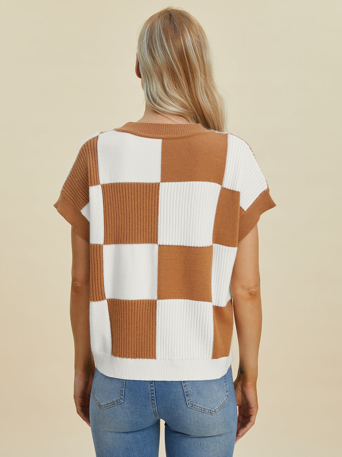 Double Take Full Size Checkered Round Neck Short Sleeve Sweater - Loulou Boutique