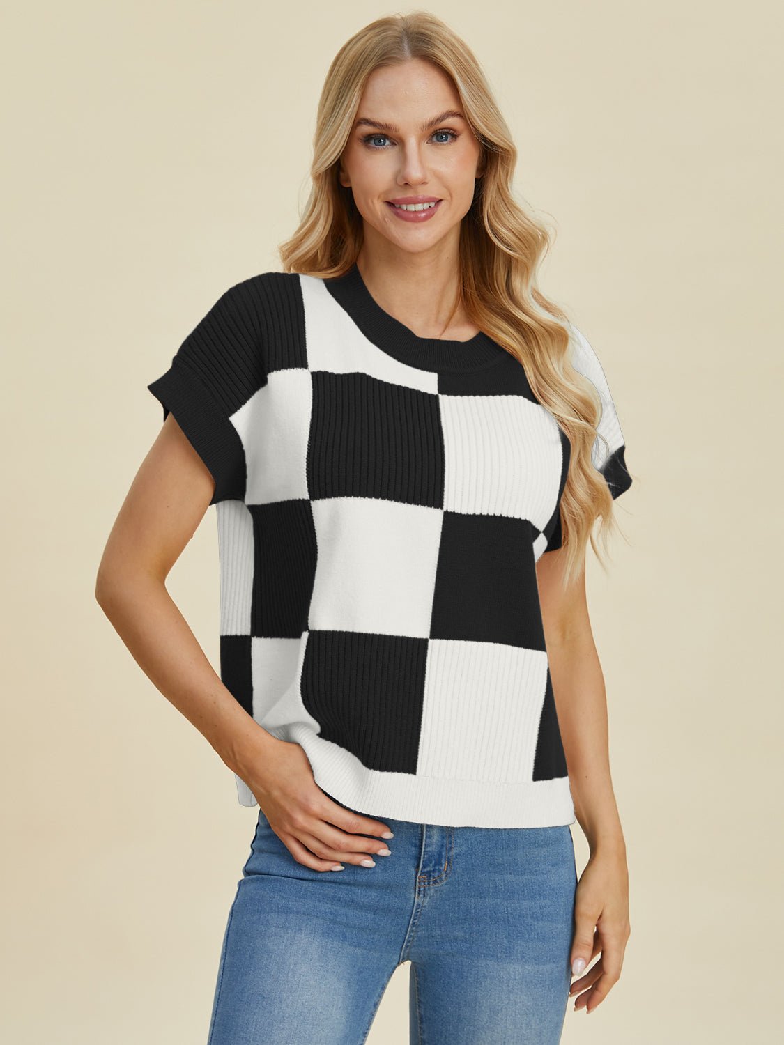 Double Take Full Size Checkered Round Neck Short Sleeve Sweater - Loulou Boutique