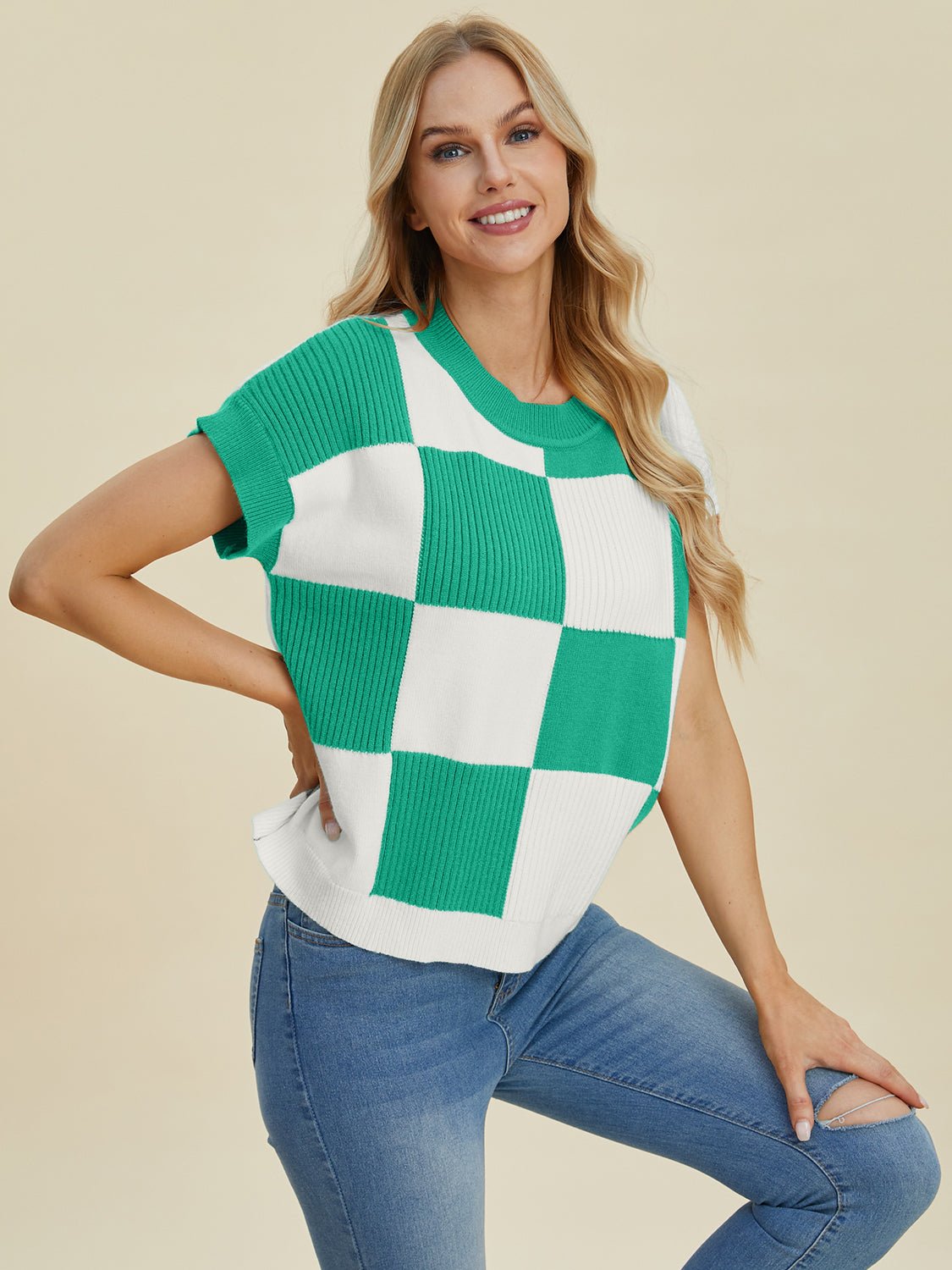 Double Take Full Size Checkered Round Neck Short Sleeve Sweater - Loulou Boutique