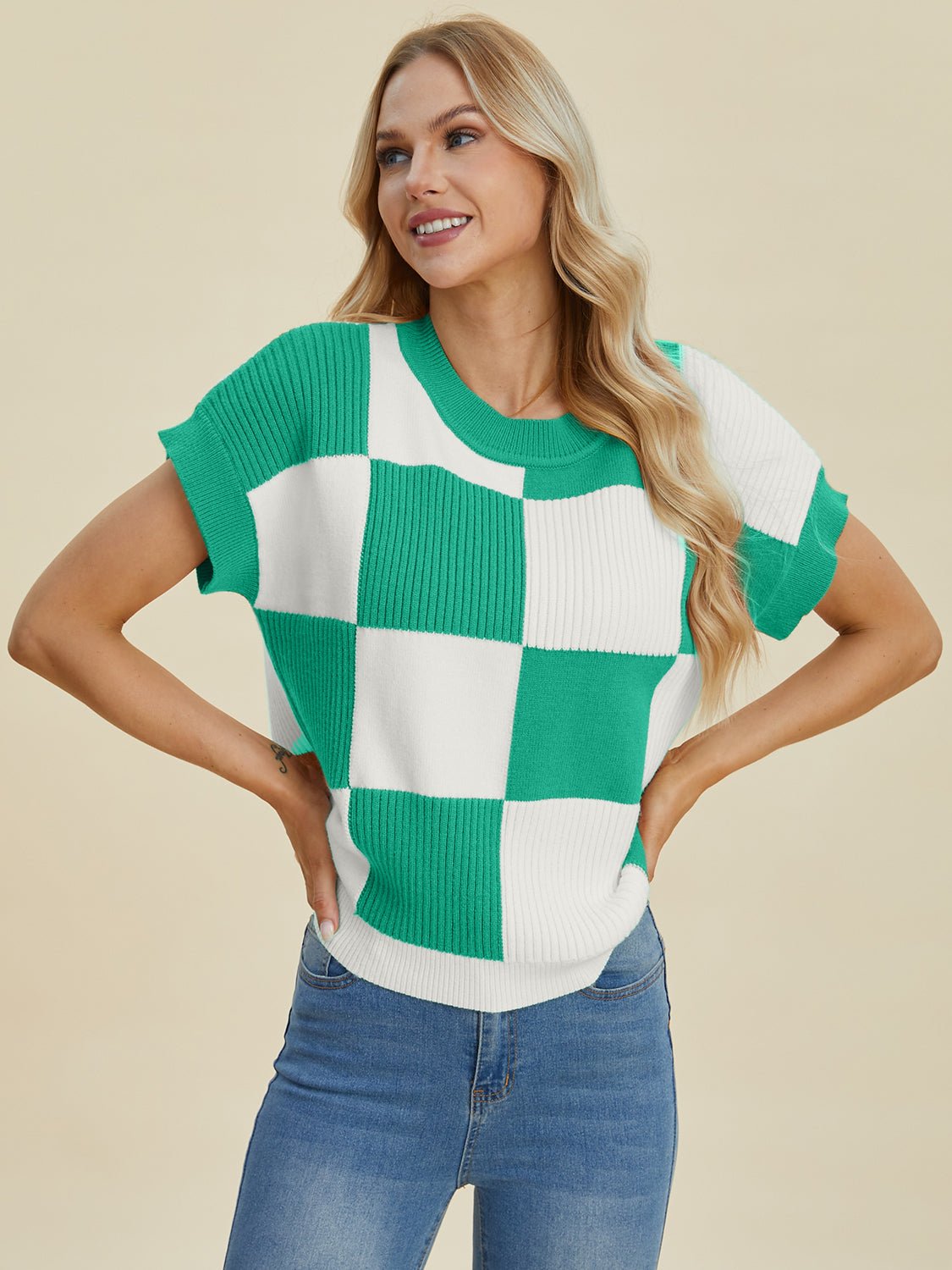 Double Take Full Size Checkered Round Neck Short Sleeve Sweater - Loulou Boutique