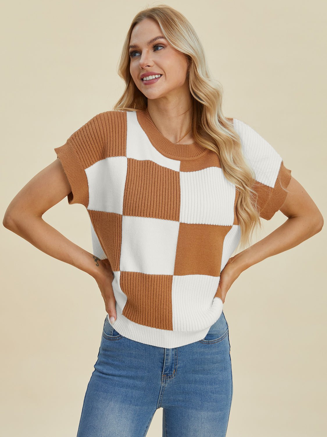 Double Take Full Size Checkered Round Neck Short Sleeve Sweater - Loulou Boutique