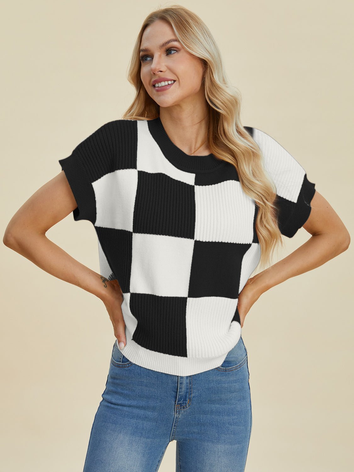Double Take Full Size Checkered Round Neck Short Sleeve Sweater - Loulou Boutique