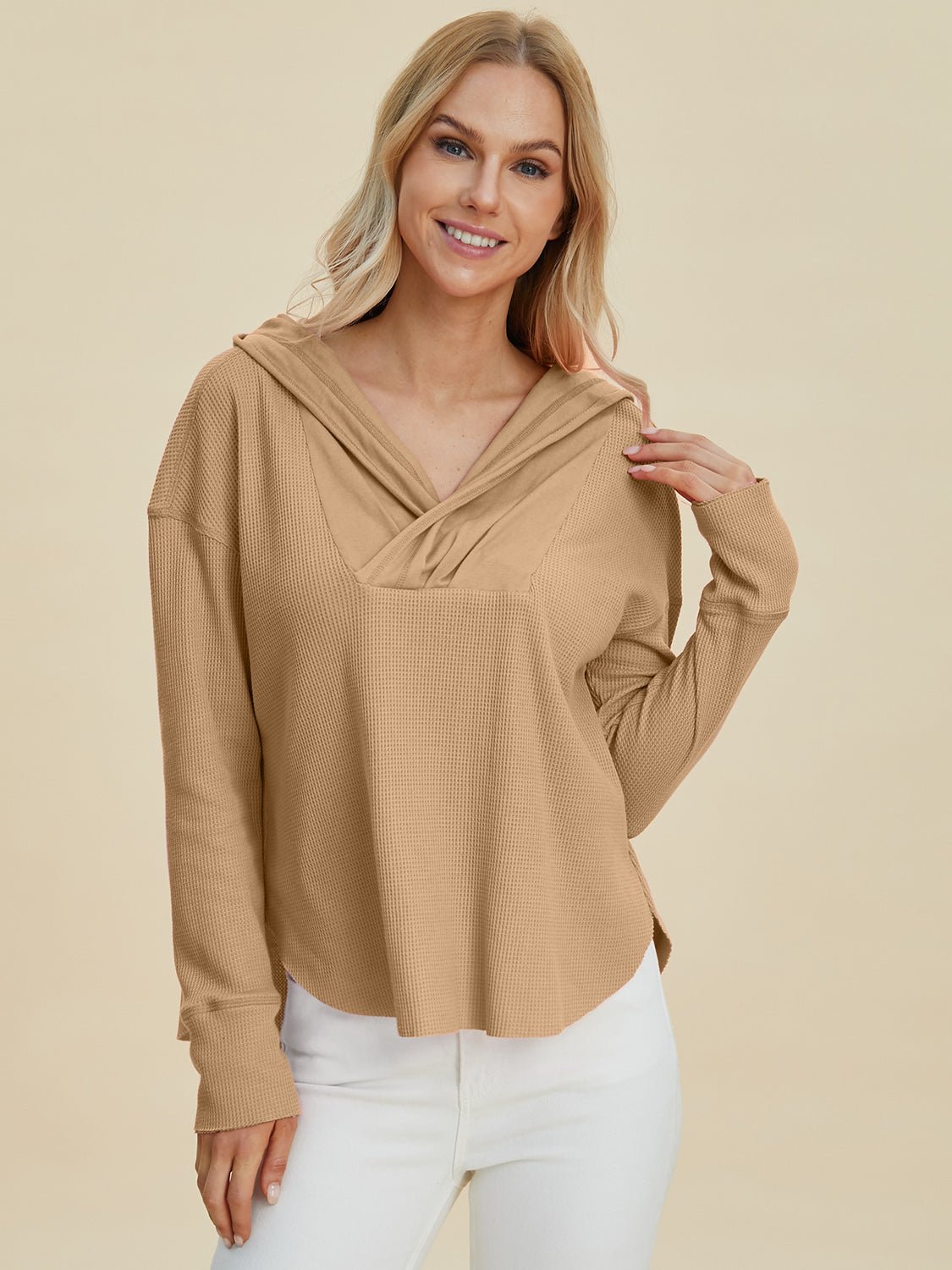 Double Take Full Size High - Low Dropped Shoulder Long Sleeve Hoodie - Loulou Boutique