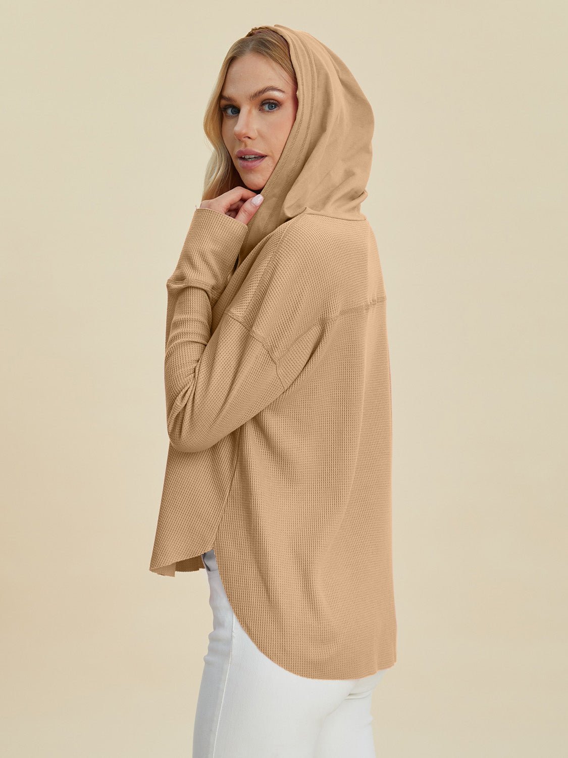 Double Take Full Size High - Low Dropped Shoulder Long Sleeve Hoodie - Loulou Boutique