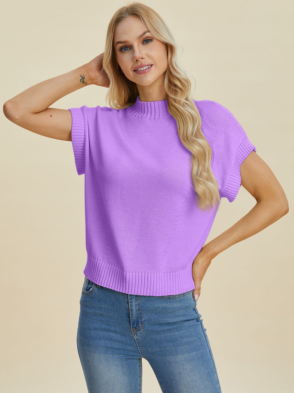 Double Take Full Size Mock Neck Short Sleeve Sweater - Loulou Boutique