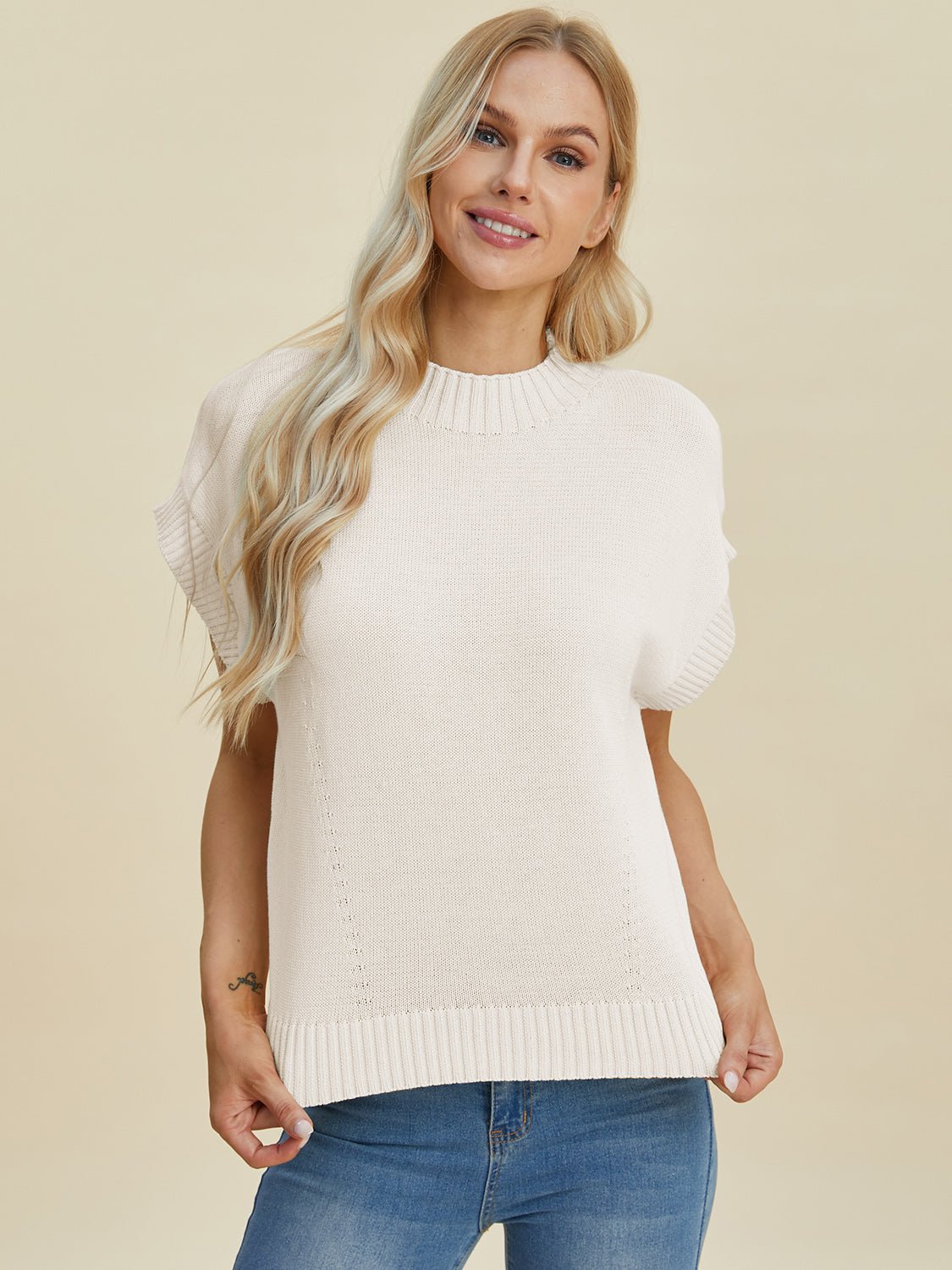 Double Take Full Size Mock Neck Short Sleeve Sweater - Loulou Boutique
