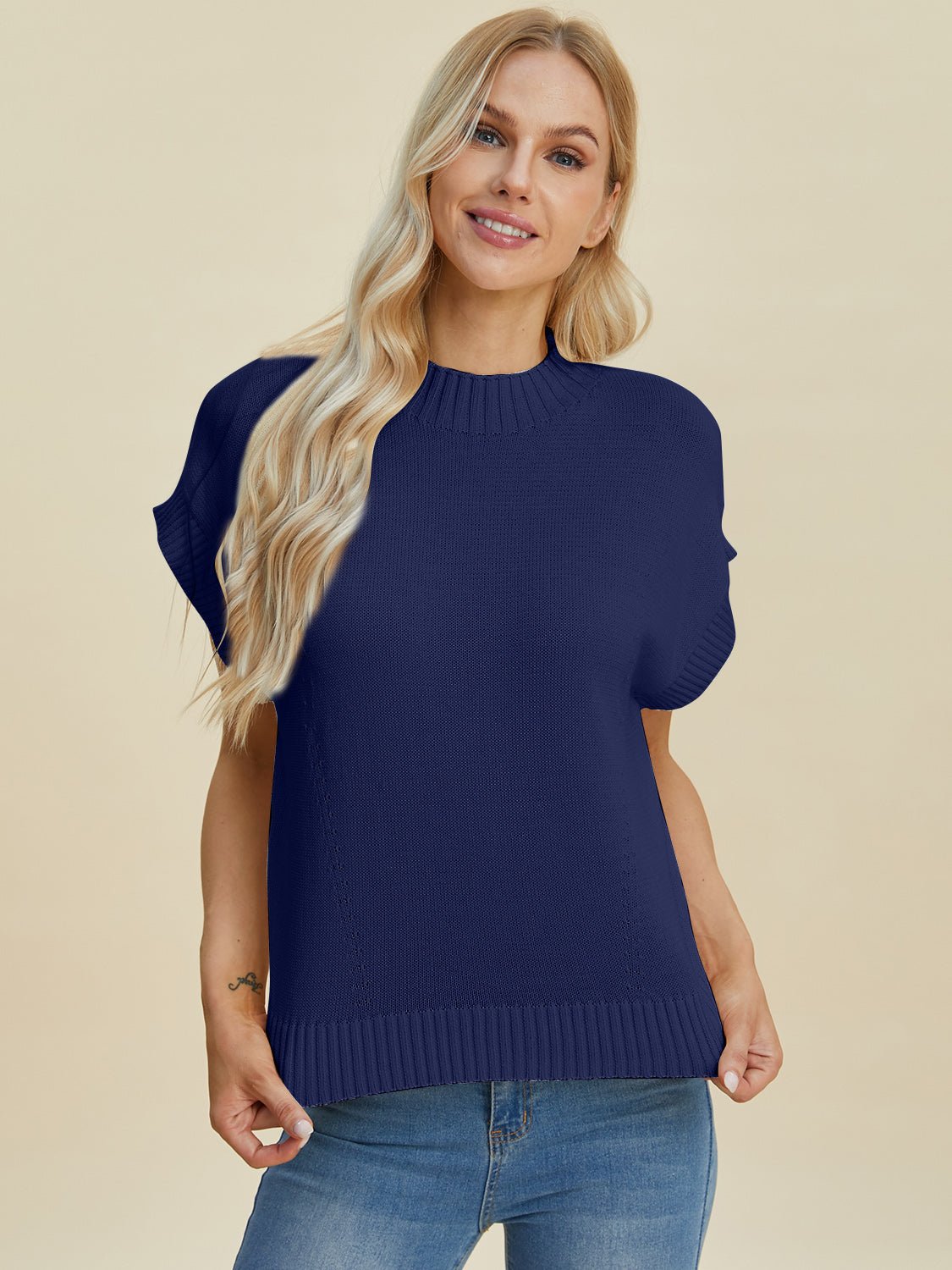 Double Take Full Size Mock Neck Short Sleeve Sweater - Loulou Boutique