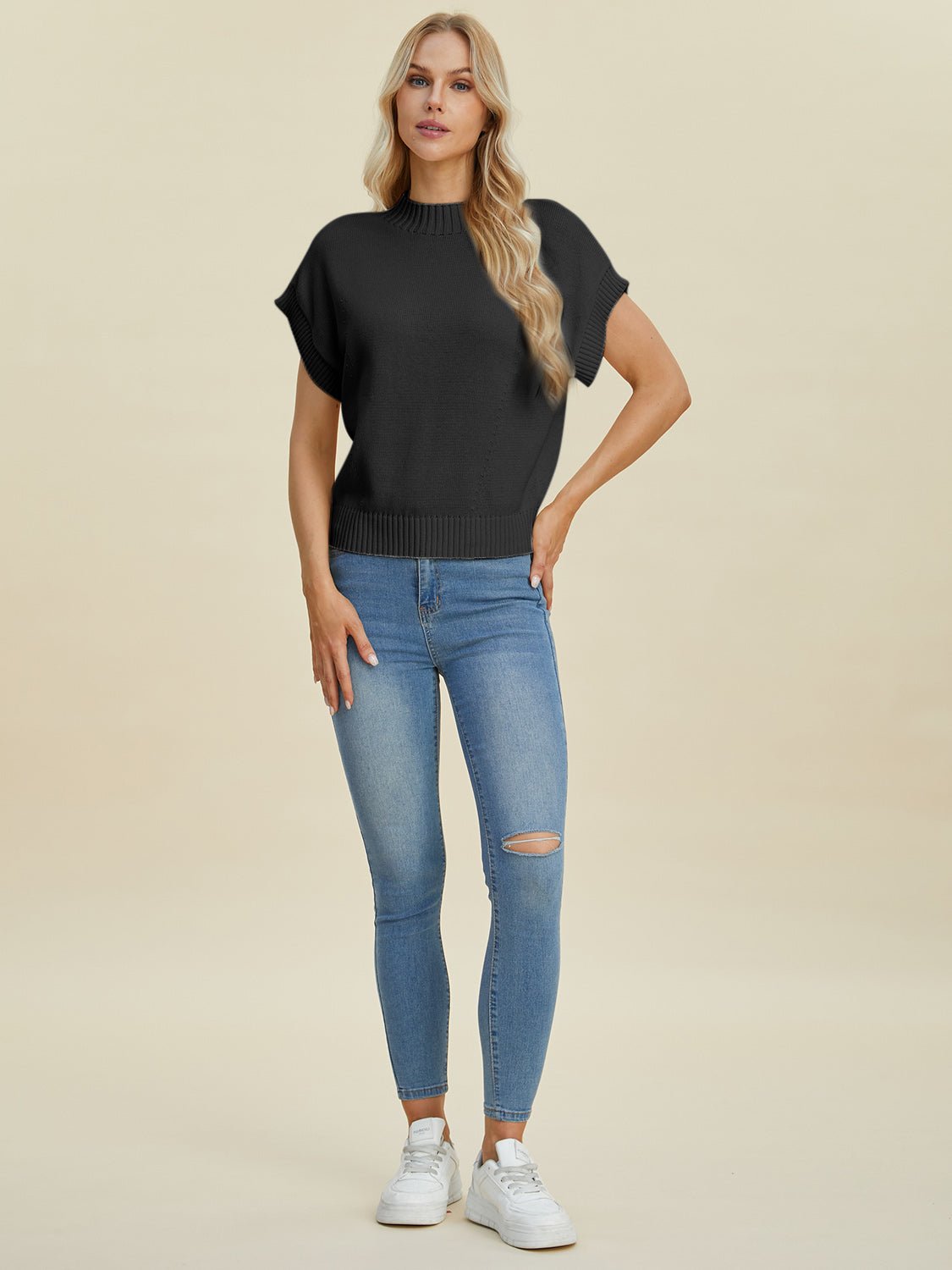 Double Take Full Size Mock Neck Short Sleeve Sweater - Loulou Boutique