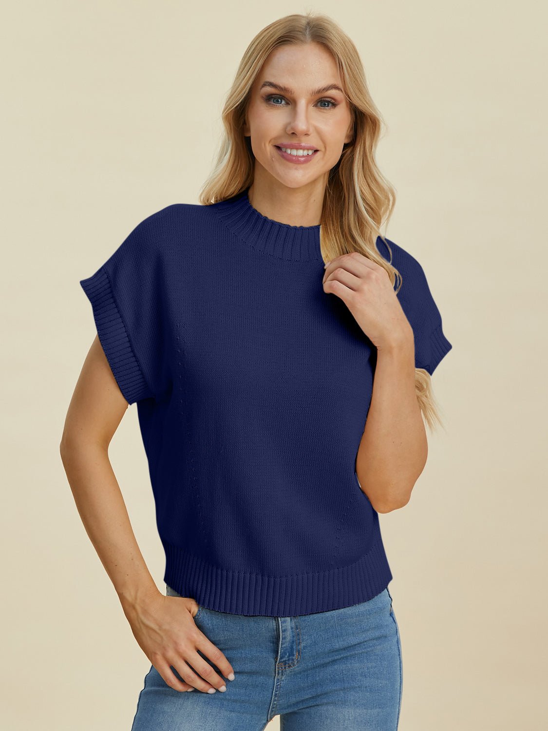 Double Take Full Size Mock Neck Short Sleeve Sweater - Loulou Boutique