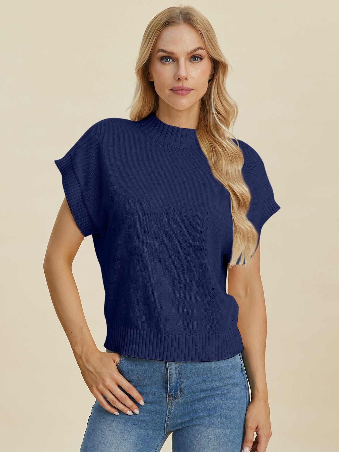 Double Take Full Size Mock Neck Short Sleeve Sweater - Loulou Boutique