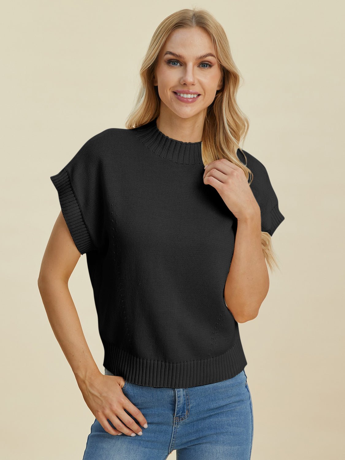Double Take Full Size Mock Neck Short Sleeve Sweater - Loulou Boutique