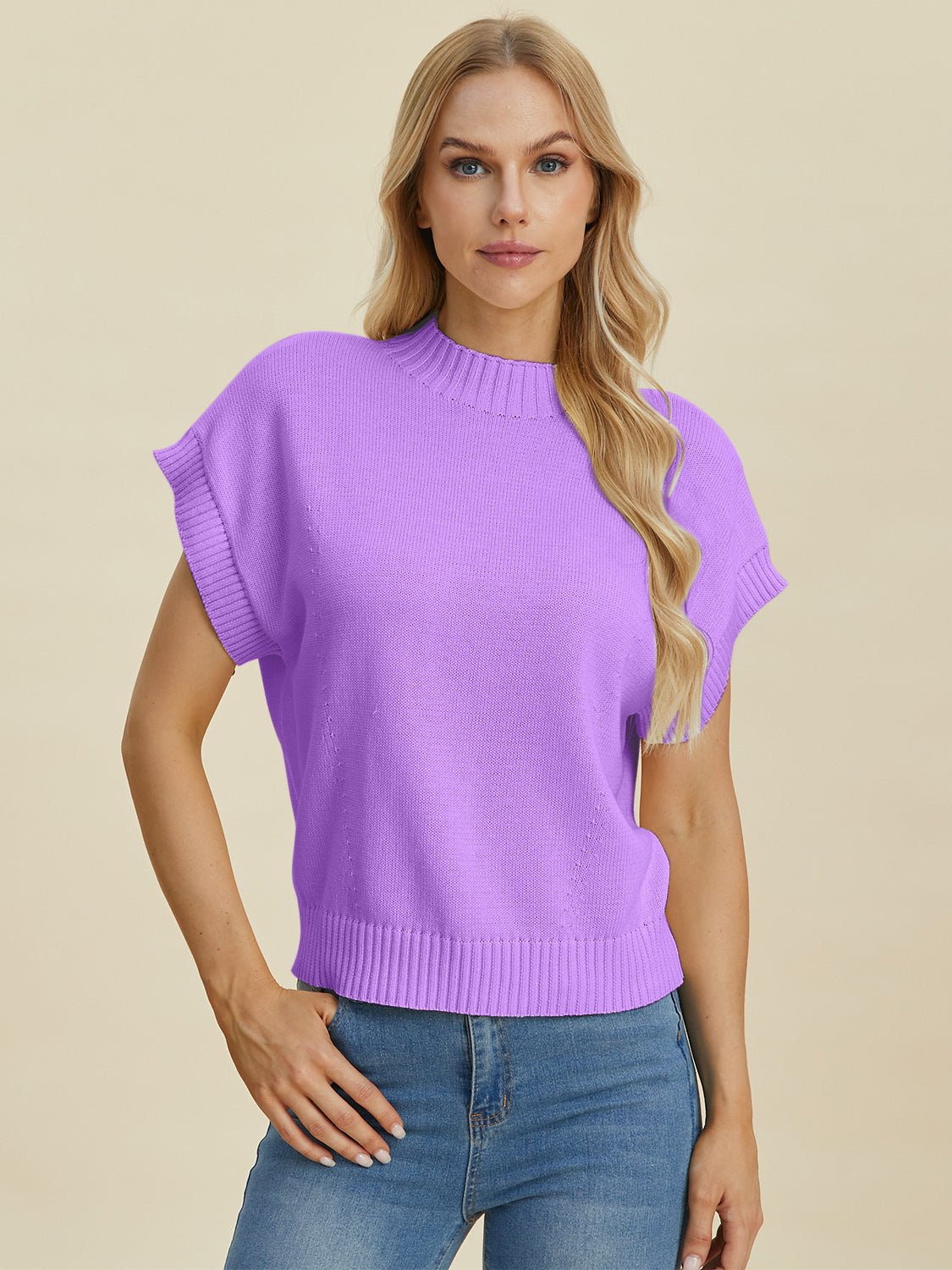 Double Take Full Size Mock Neck Short Sleeve Sweater - Loulou Boutique