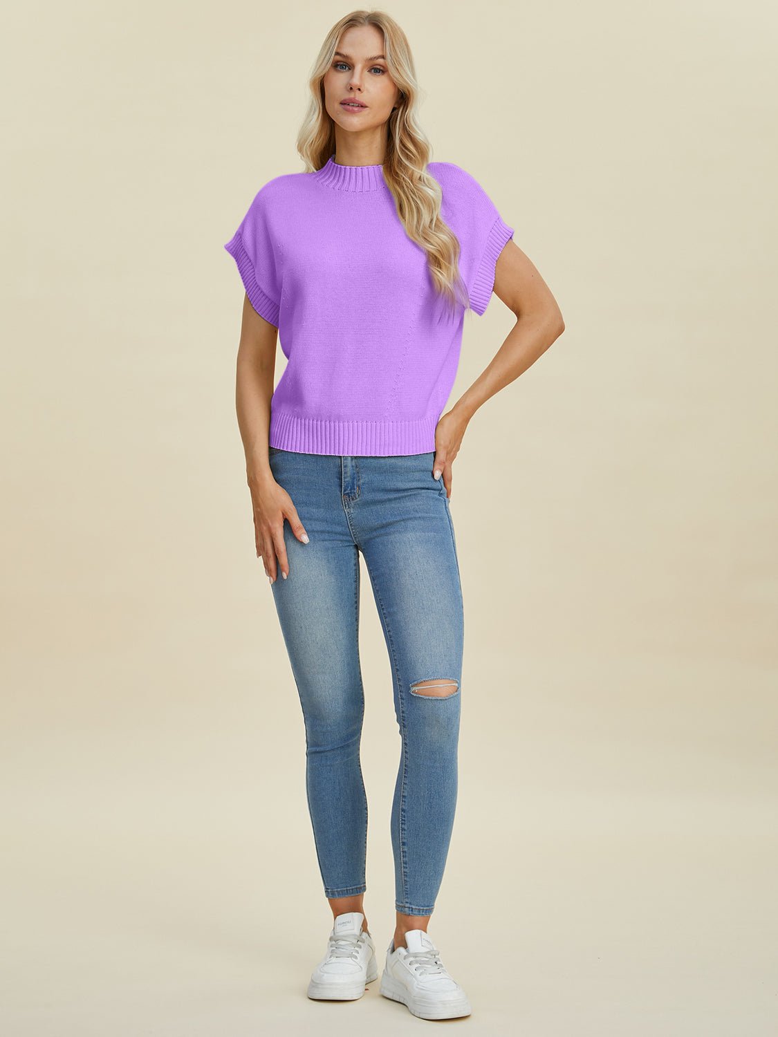Double Take Full Size Mock Neck Short Sleeve Sweater - Loulou Boutique