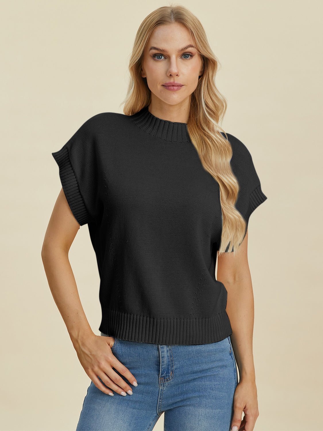 Double Take Full Size Mock Neck Short Sleeve Sweater - Loulou Boutique