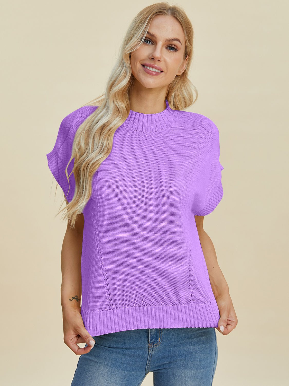 Double Take Full Size Mock Neck Short Sleeve Sweater - Loulou Boutique