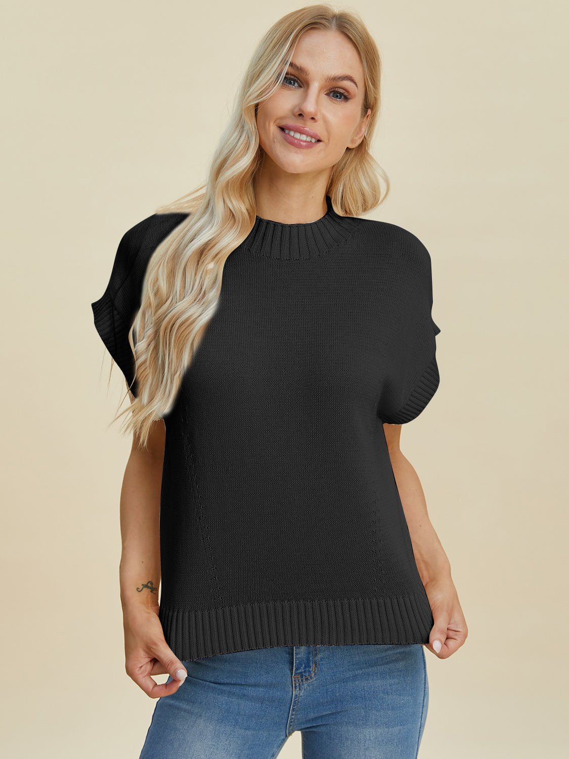 Double Take Full Size Mock Neck Short Sleeve Sweater - Loulou Boutique
