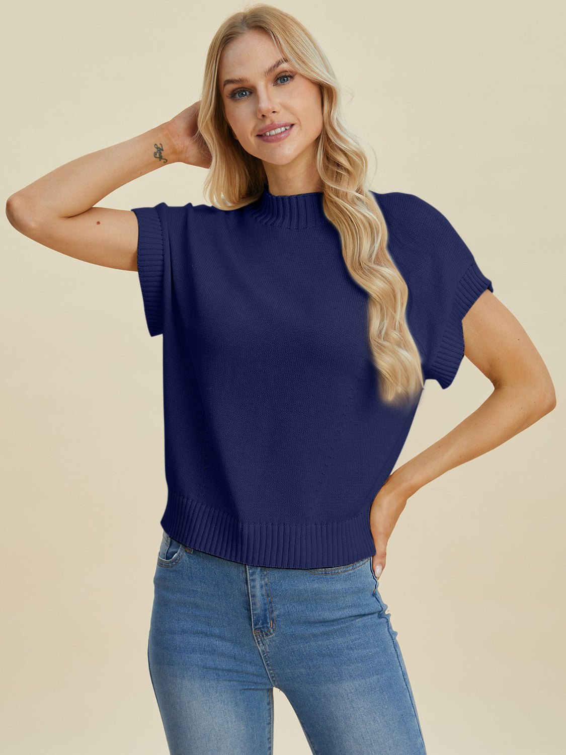 Double Take Full Size Mock Neck Short Sleeve Sweater - Loulou Boutique