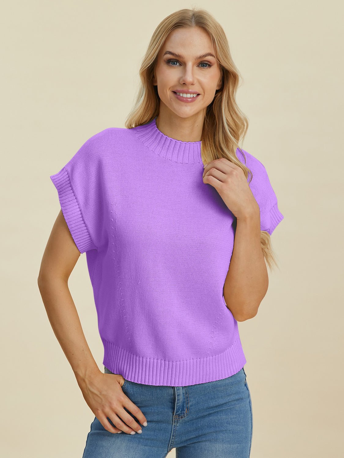 Double Take Full Size Mock Neck Short Sleeve Sweater - Loulou Boutique