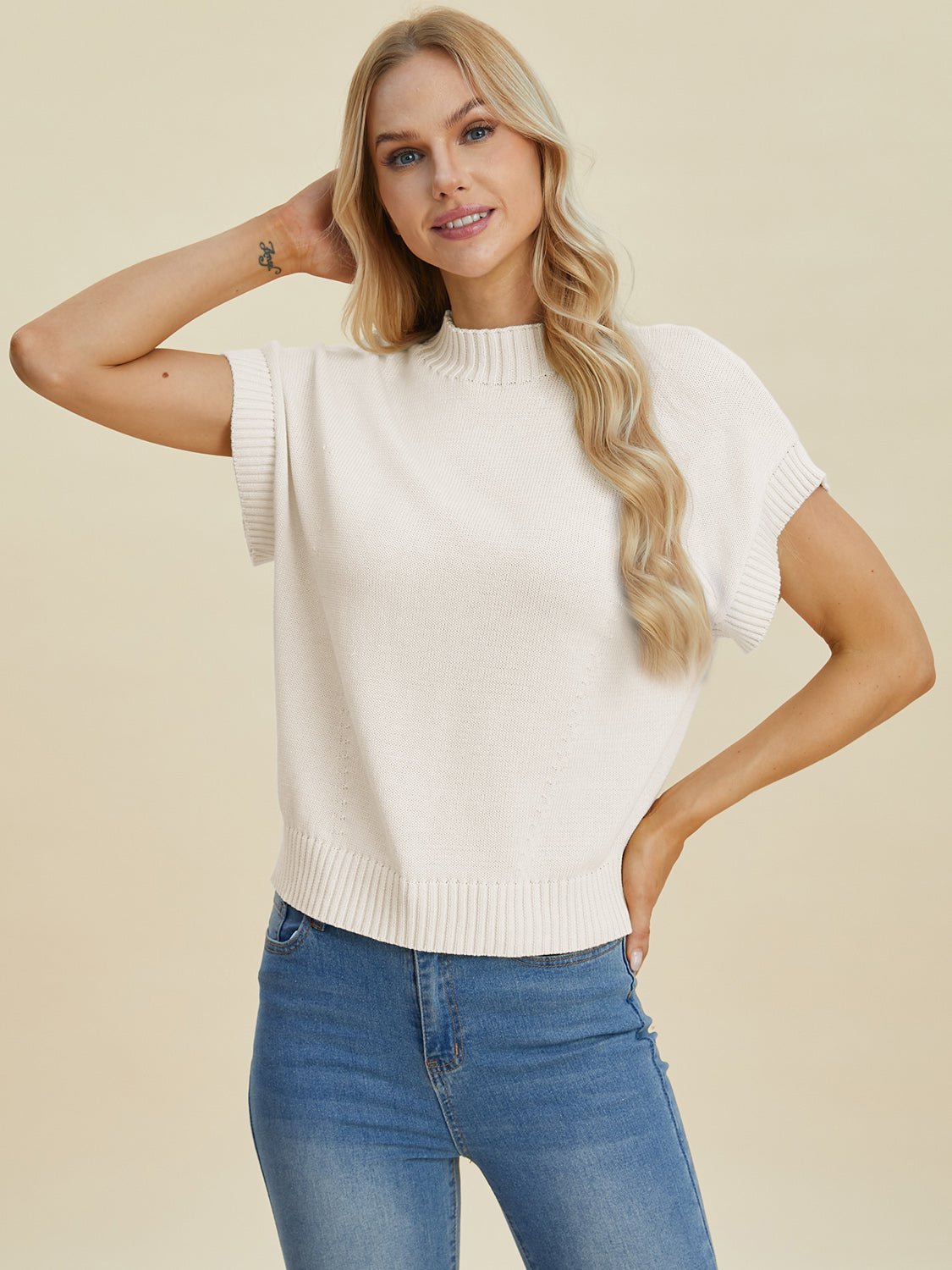 Double Take Full Size Mock Neck Short Sleeve Sweater - Loulou Boutique