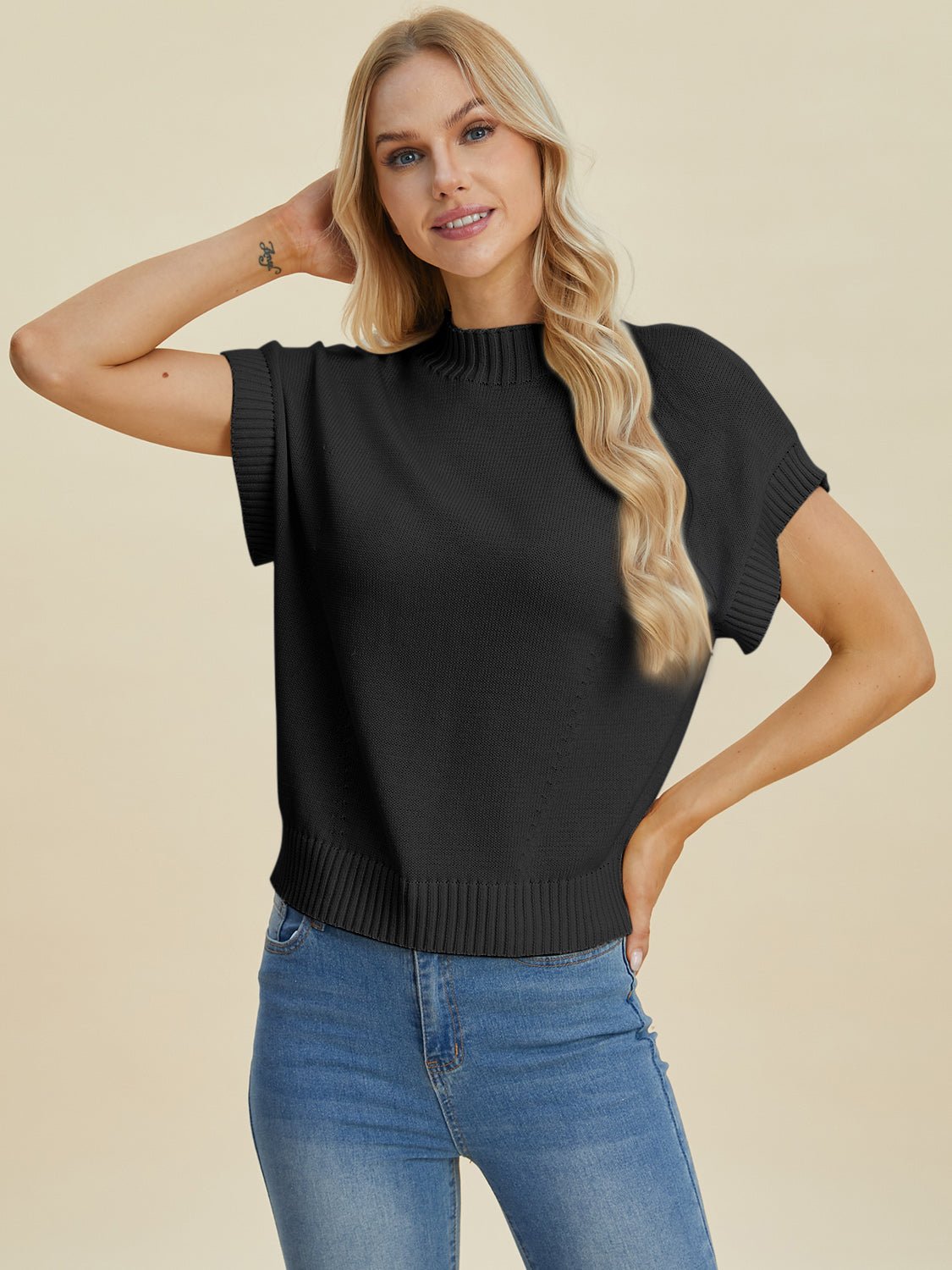 Double Take Full Size Mock Neck Short Sleeve Sweater - Loulou Boutique
