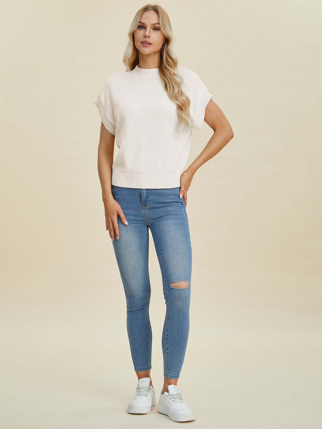 Double Take Full Size Mock Neck Short Sleeve Sweater - Loulou Boutique