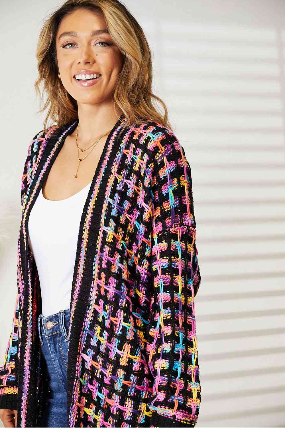 Double Take Full Size Multicolored Open Front Fringe Hem Cardigan - Loulou Boutique