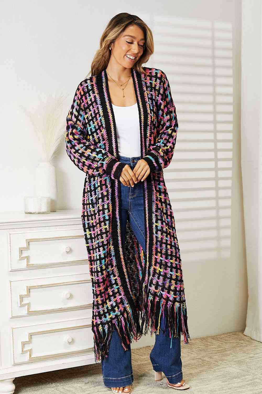 Double Take Full Size Multicolored Open Front Fringe Hem Cardigan - Loulou Boutique
