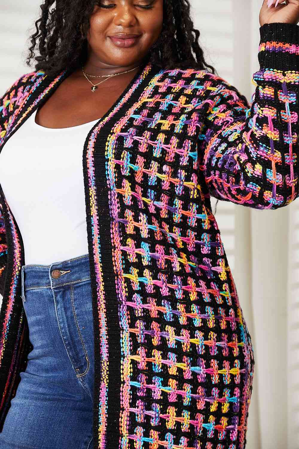 Double Take Full Size Multicolored Open Front Fringe Hem Cardigan - Loulou Boutique