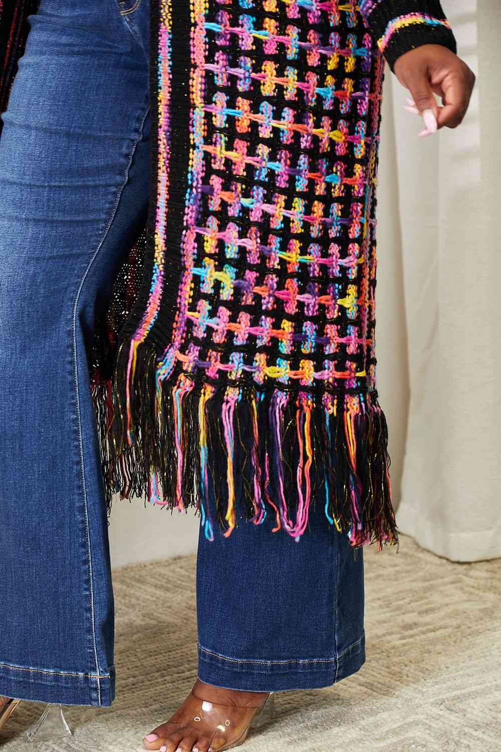 Double Take Full Size Multicolored Open Front Fringe Hem Cardigan - Loulou Boutique