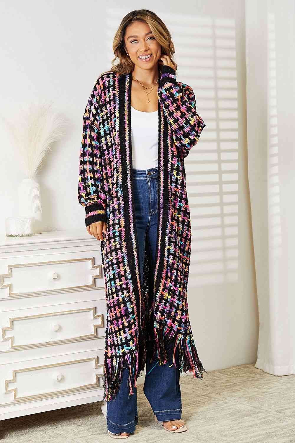 Double Take Full Size Multicolored Open Front Fringe Hem Cardigan - Loulou Boutique