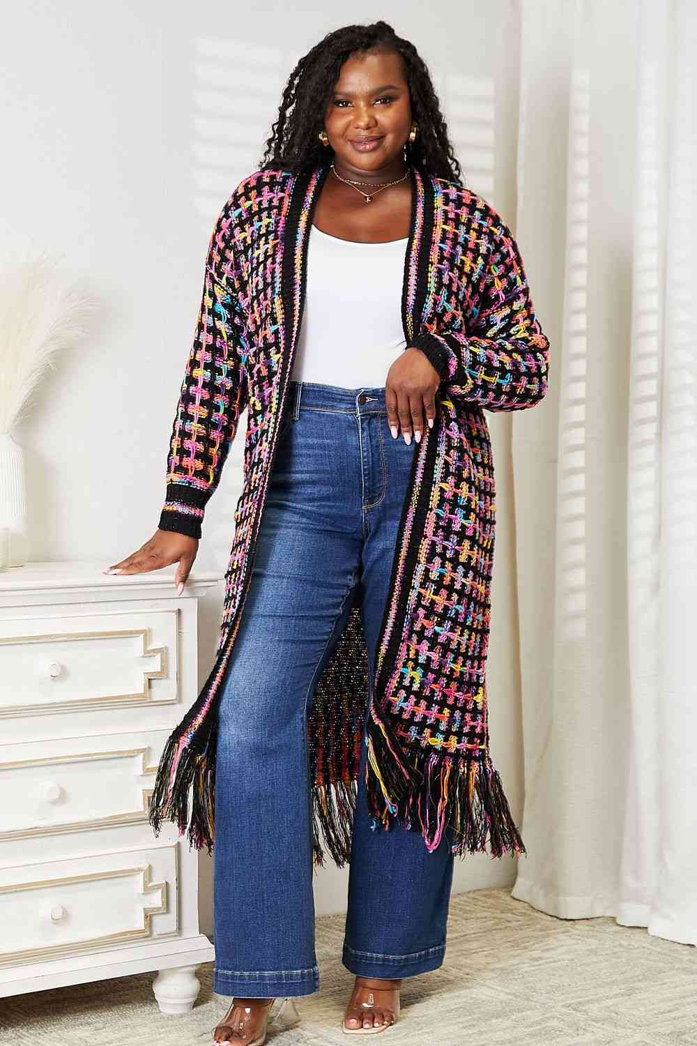 Double Take Full Size Multicolored Open Front Fringe Hem Cardigan - Loulou Boutique
