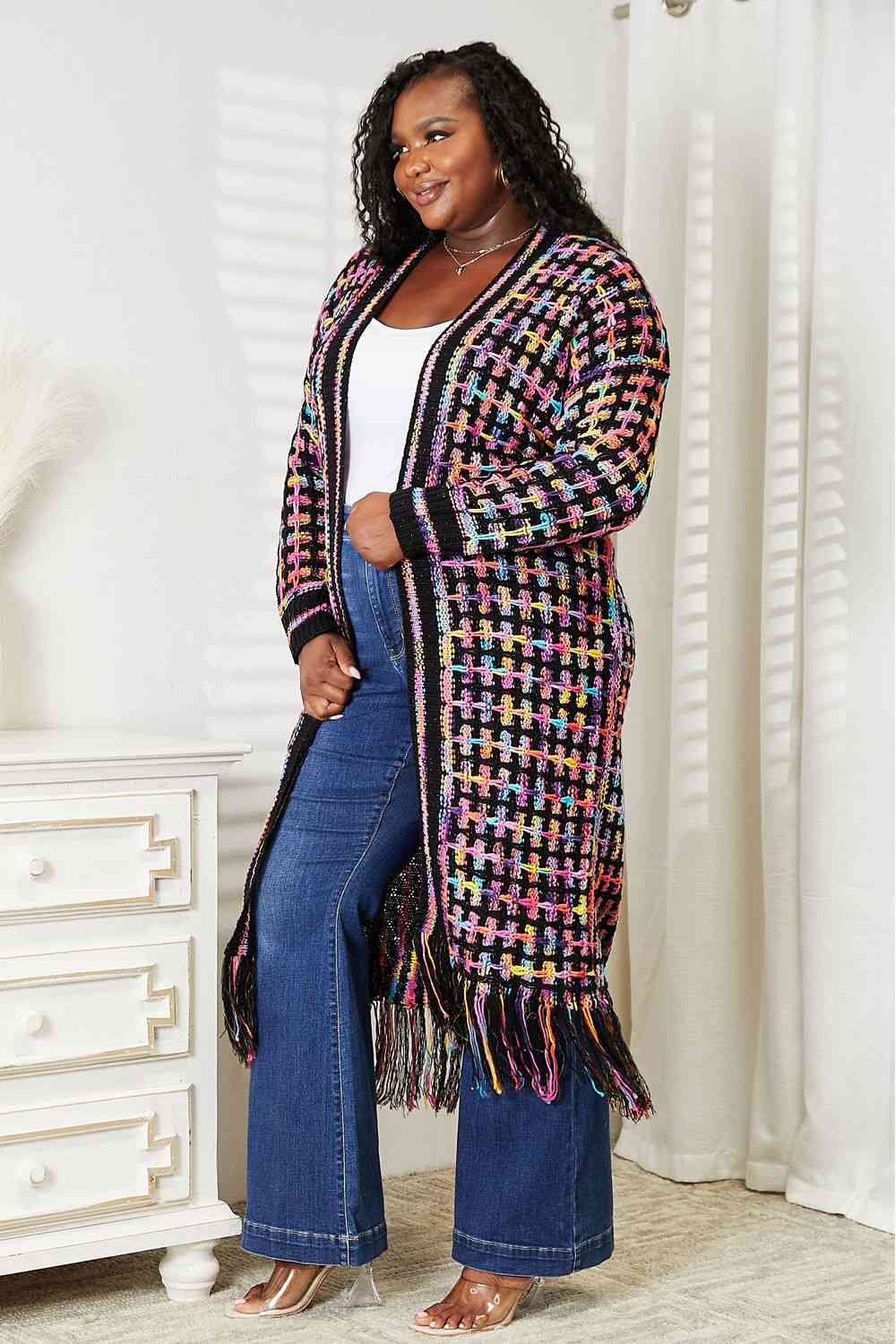 Double Take Full Size Multicolored Open Front Fringe Hem Cardigan - Loulou Boutique