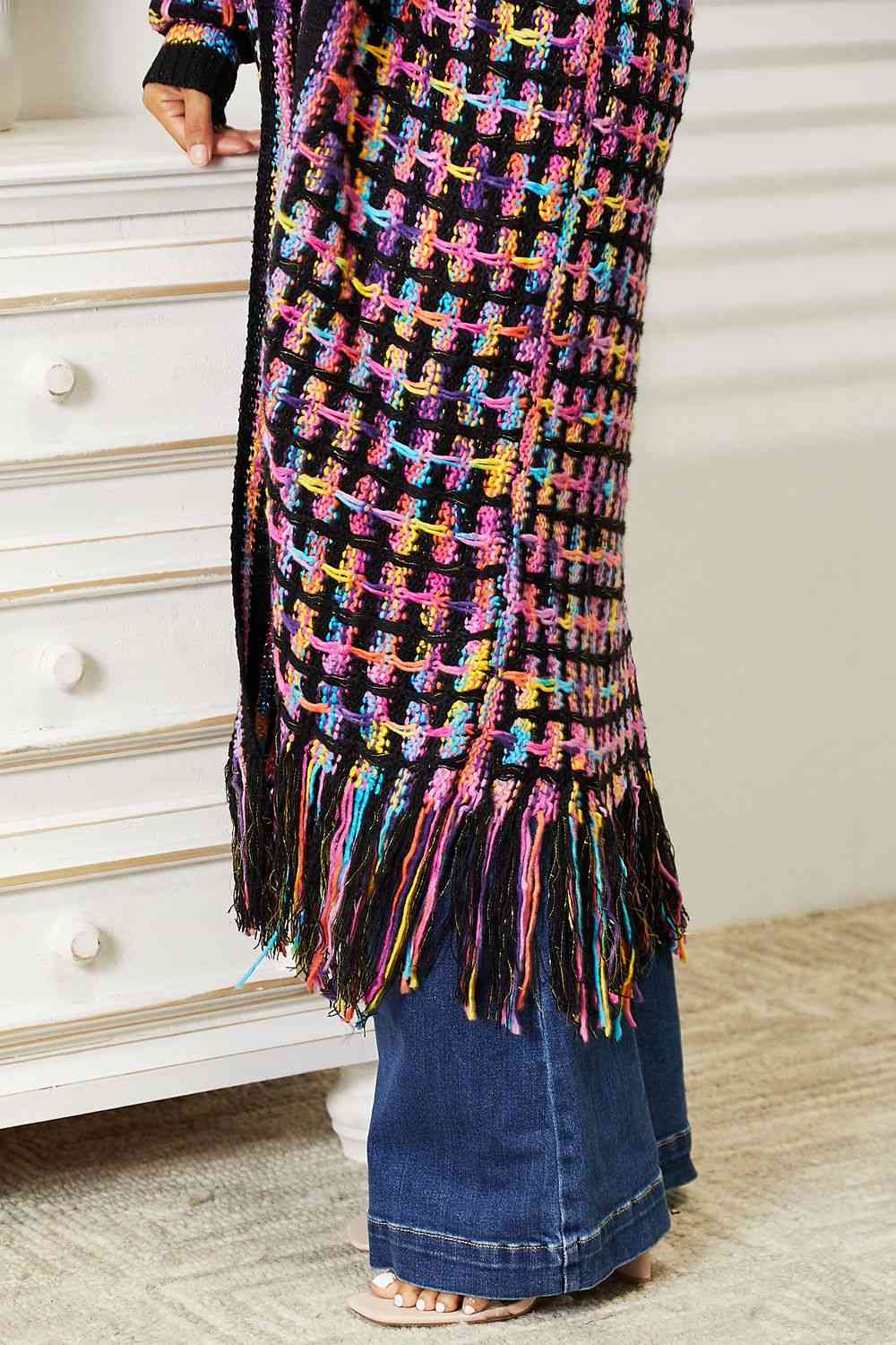 Double Take Full Size Multicolored Open Front Fringe Hem Cardigan - Loulou Boutique