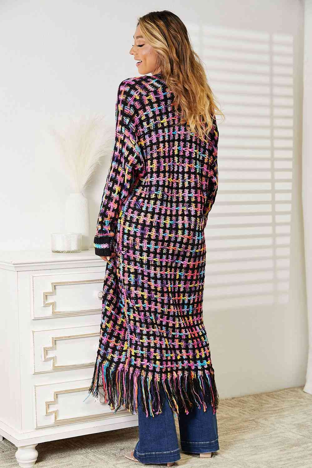 Double Take Full Size Multicolored Open Front Fringe Hem Cardigan - Loulou Boutique