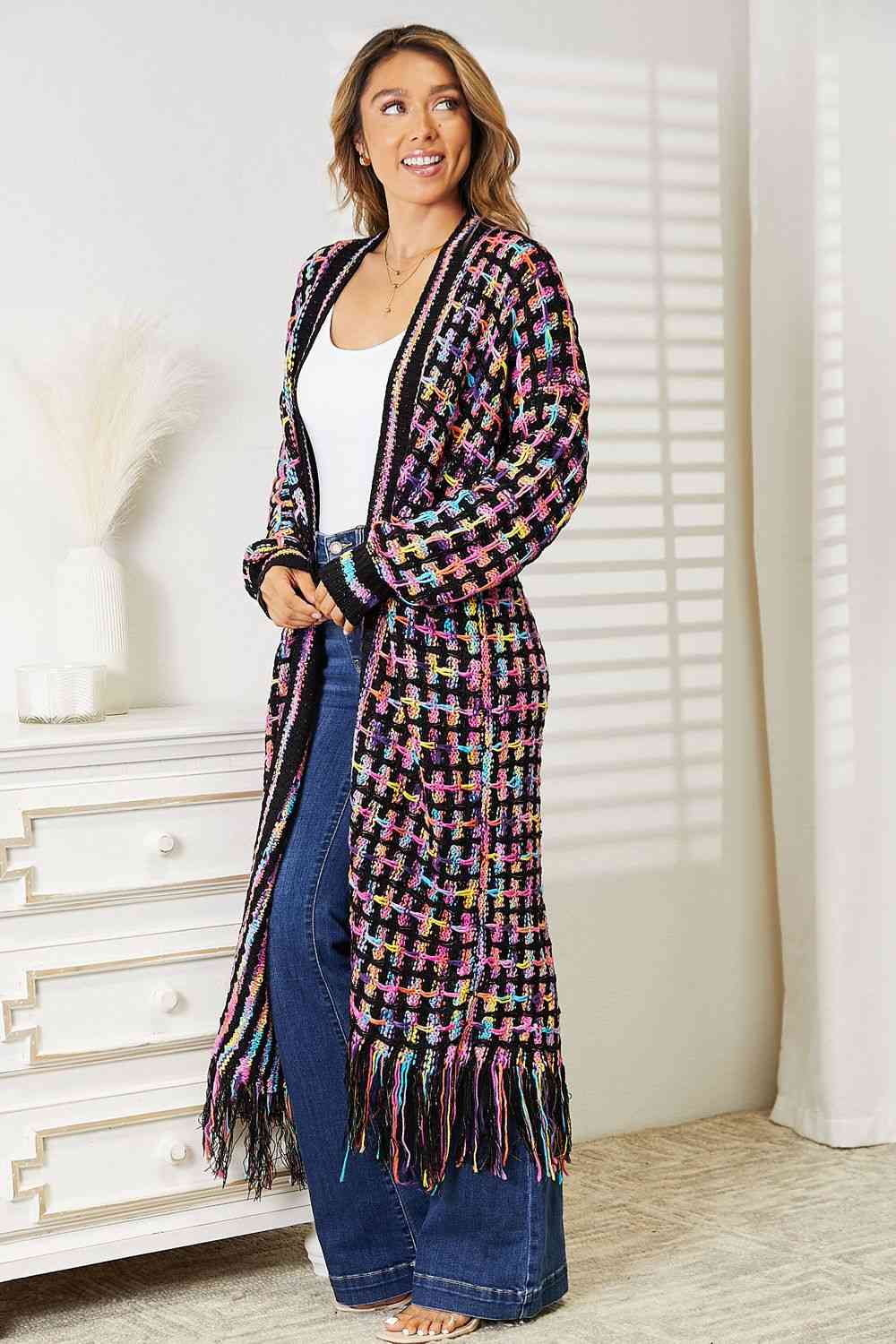 Double Take Full Size Multicolored Open Front Fringe Hem Cardigan - Loulou Boutique