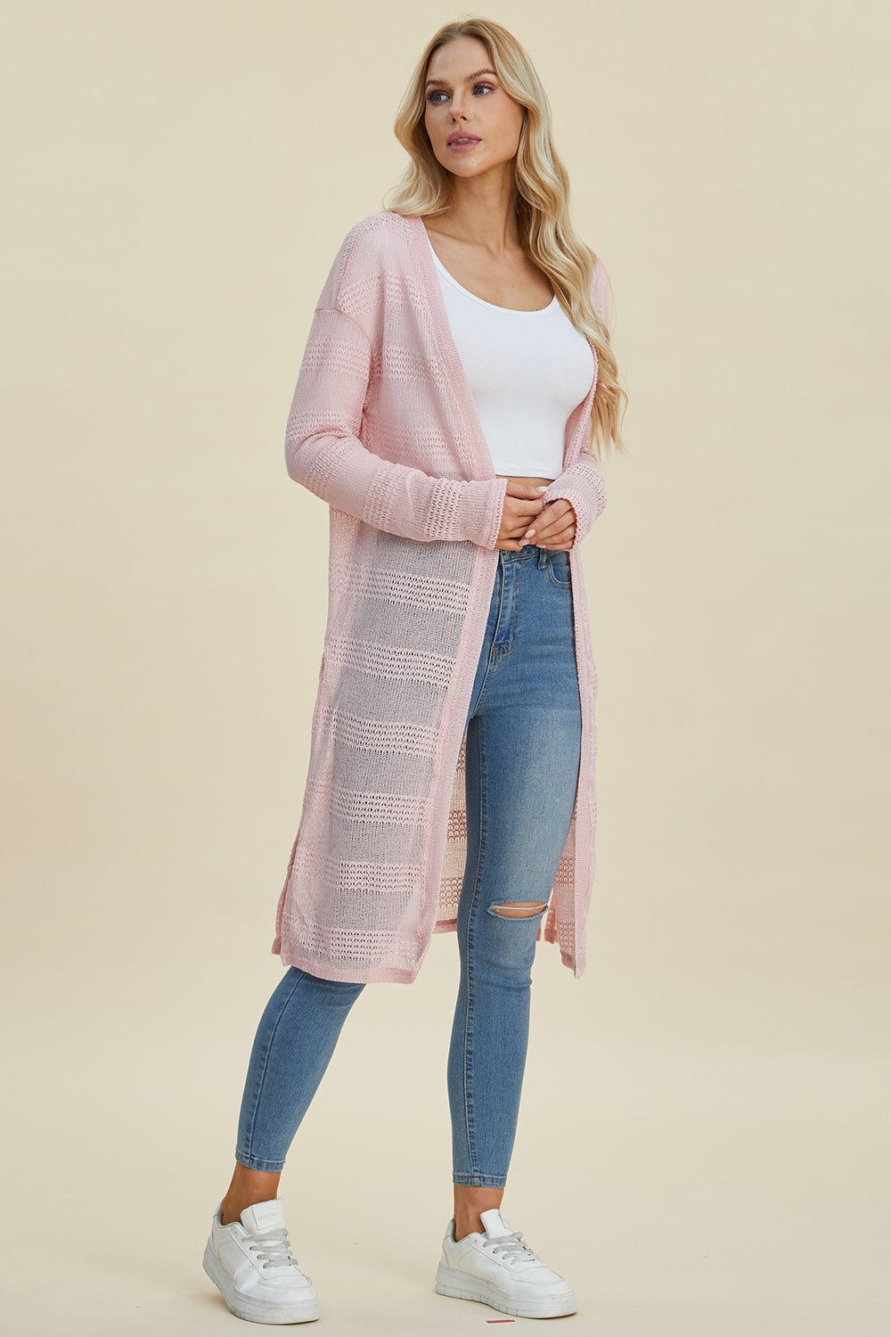 Double Take Full Size Open Front Longline Cardigan - Loulou Boutique