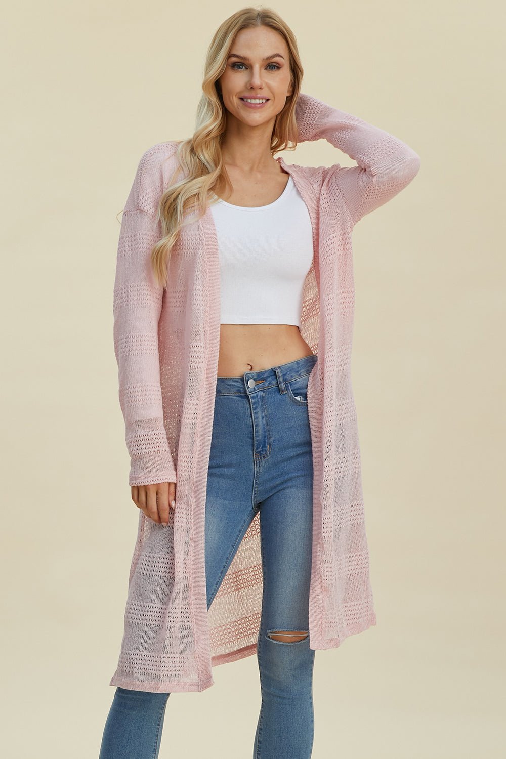 Double Take Full Size Open Front Longline Cardigan - Loulou Boutique