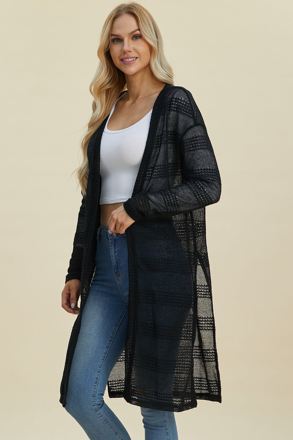Double Take Full Size Open Front Longline Cardigan - Loulou Boutique