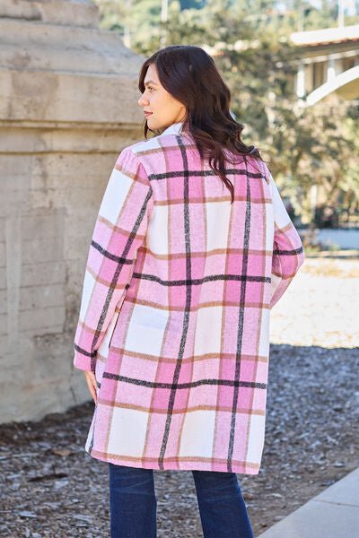 Double Take Full Size Plaid Button Up Lapel Collar Coat - Loulou Boutique