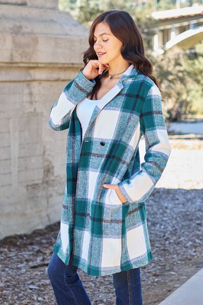 Double Take Full Size Plaid Button Up Lapel Collar Coat - Loulou Boutique
