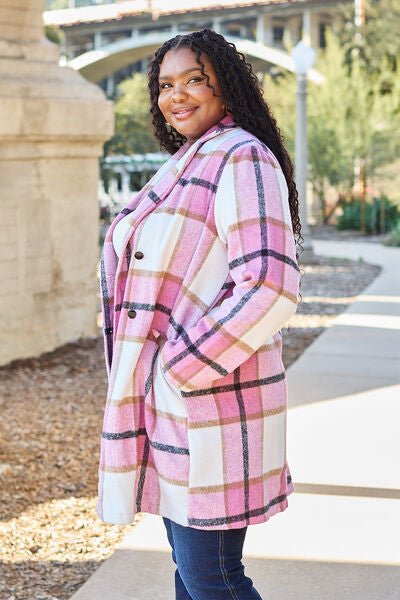 Double Take Full Size Plaid Button Up Lapel Collar Coat - Loulou Boutique