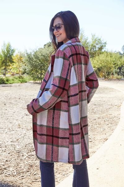 Double Take Full Size Plaid Button Up Lapel Collar Coat - Loulou Boutique