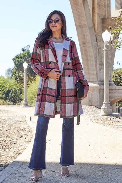 Double Take Full Size Plaid Button Up Lapel Collar Coat - Loulou Boutique
