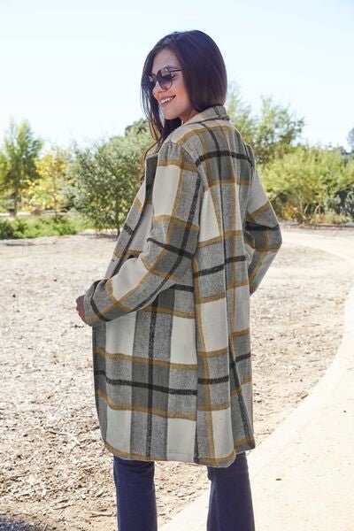 Double Take Full Size Plaid Button Up Lapel Collar Coat - Loulou Boutique