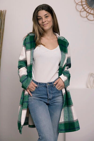 Double Take Full Size Plaid Button Up Lapel Collar Coat - Loulou Boutique